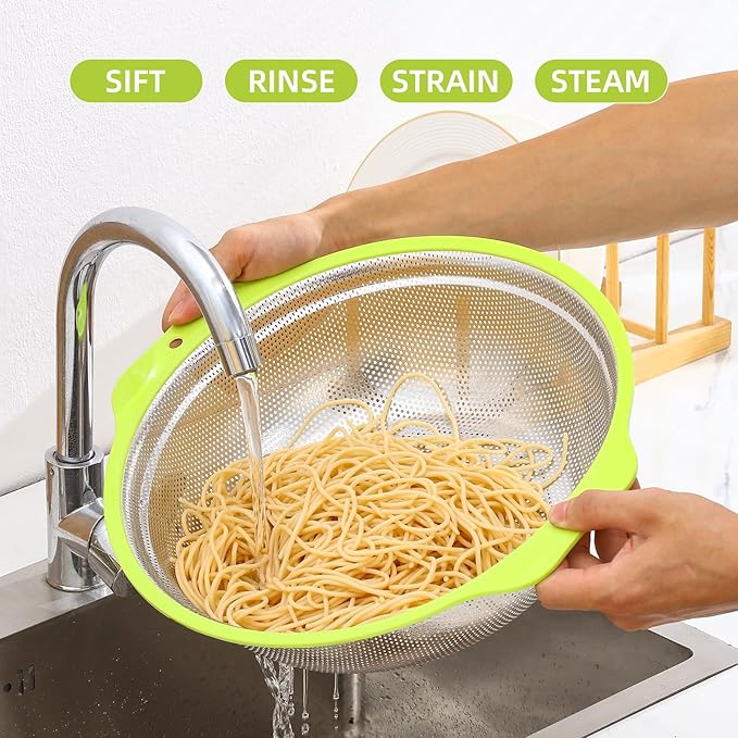 Colander Stainless Steel Microporous, 5QT Large Capacity Rice Washer with Mixing Bowl, 12.5’’Rice Strainer Bowl Set with Handle, Food-Grade Strainers and Colanders for Washing Rice, Pasta