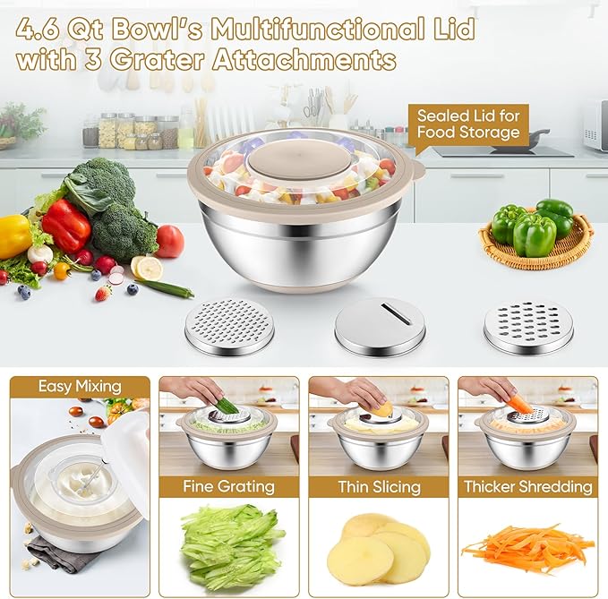 P&P CHEF Mixing Bowls with Lids Set of 3, 3 Pcs Stainless Steel Nesting Salad Bowls and Colander for Kitchen, 3 Grater Attachments & Non-Slip Bottoms, Visible & Airtight Lid, Khaki