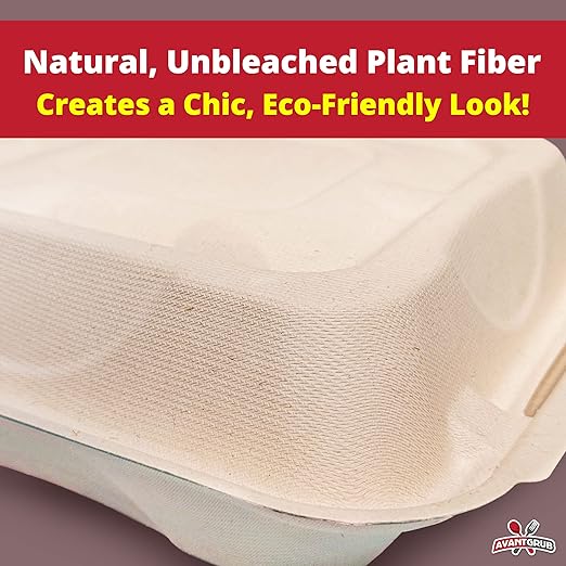 Durable, Leak-Proof Take-out Food Box, 25 Pack. Large, 9 x 9 Sturdy Plant-Based, Gluten-Free Compostable Wheatstraw Fiber Clamshell Hinged Container, Microwavable and Great for Restaurant Carryout