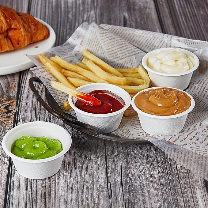 Vplus 1000 Pack 2 OZ Disposable Souffle Cups, 100% Compostable Portion Cups, Food Sample Cups Made From Bagasse Fibe, Perfect For Dips, Jams, Honey, Sauces, Nuts