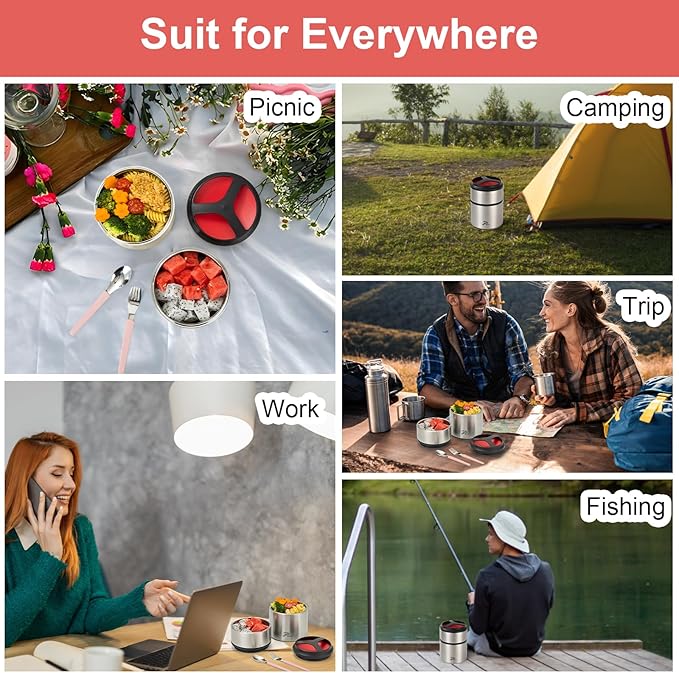 Lille Home 1500ml Thermos Food Flask, Vacuum Insulated Stackable Stainless Steel Thermal Lunch/Snack Box, 2-Tier Bento/Food Container with Lunch Bag (Red)