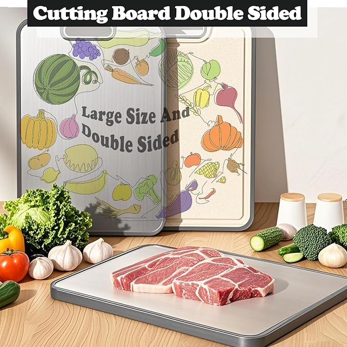 JAYVAR Cutting Board Double Sided, Large Cutting Boards for Kitchen with Stainless Steel and Wheat Straw PP, Large Size 16”×11”Chopping Board for Separately Handle Meat and Vegetables, Dishwasher Safe