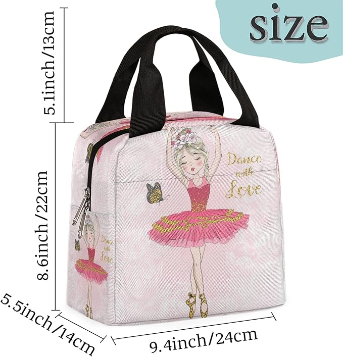 Pink Cute Ballet Dancer Girl Durable Insulated Lunch Box for Women Men Boy Girl Adult Lightweight Leakproof Thermal Cooler Reusable Lunch Bag for School Work Picnic Meal Prep Lunch Tote Bag