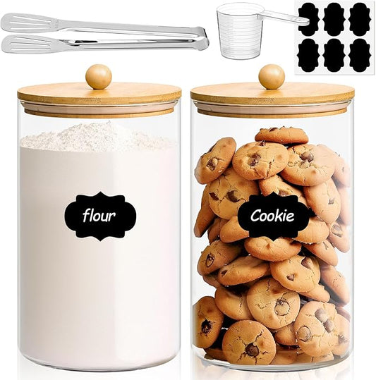 ComSaf 1 Gallon Cookie Jar, Large Glass Jar with lid, Glass Canisters with Lids Set of 2, 128 OZ Flour Container with Spoon and Clip, Glass Food Storage Pantry Containers for Sugar Oat Beans Pasta