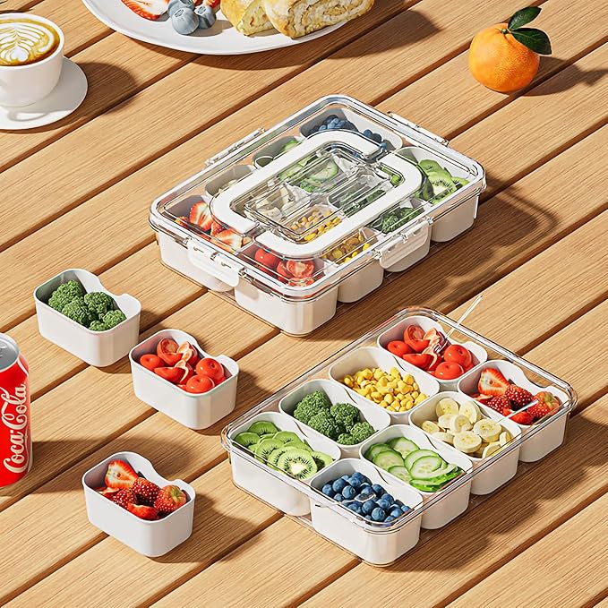 Divided Serving Tray with Lid and Handle Charcuterie Container Snackle Box Portable Storage Organizer Platter with Forks and Spoons for Fruit, Snacks, Veggie, Nuts, Perfect for Party, Picnic(1 Pack)