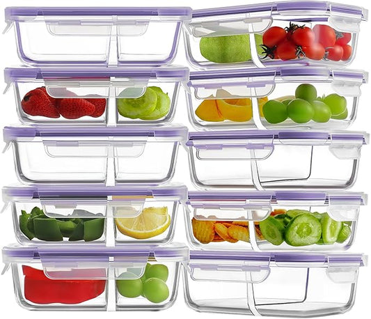 HOMBERKING 10 Pack 24oz Glass Meal Prep Containers 2 Compartment, Food Storage Containers with Lids, Airtight Glass Lunch Bento Boxes, BPA-Free & Leak Proof (10 lids & 10 Containers) - Purple