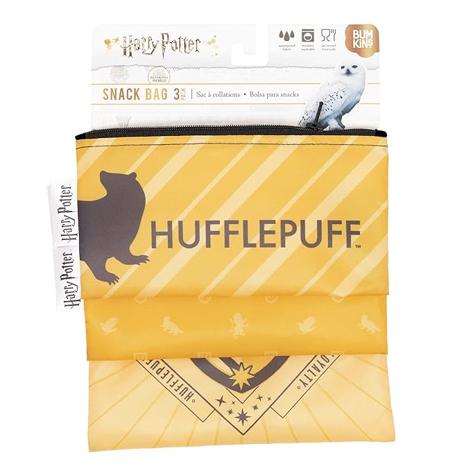 Bumkins Reusable Sandwich and Snack Bags, for Kids School Lunch and for Adults Portion, Washable Fabric, Waterproof Cloth Zip Bag, Travel Pouch, Food-Safe Storage, 3-pk Harry Potter Hufflepuff