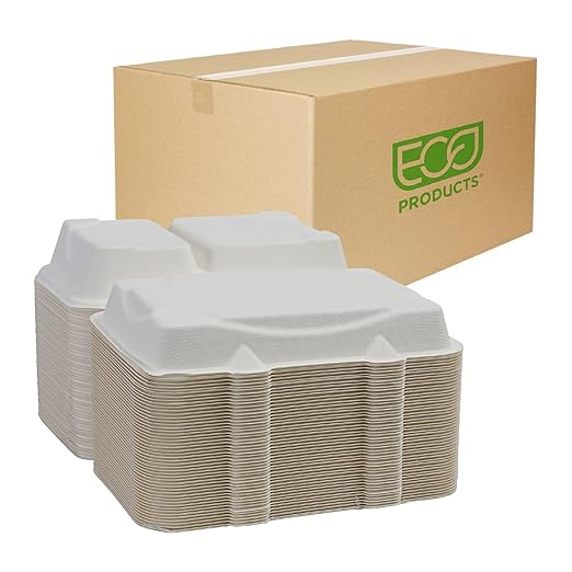 ECO PRODUCTS Compostable Vanguard 9"x6" Clamshell To Go Containers, Case of 250, 2 Compartment, Take Out Food Box, White Renewable Molded Fiber, No-Added PFAS, ASTM Compliant, BPI-Certified