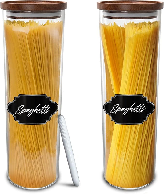Glass Jars with Wood Lids Set of (2) 60 fl oz Canisters Airtight and Stackable Storage Containers for the Kitchen or Pantry Canister Wooden Acacia Lid holds Food Cookies Coffee Spaghetti Pasta