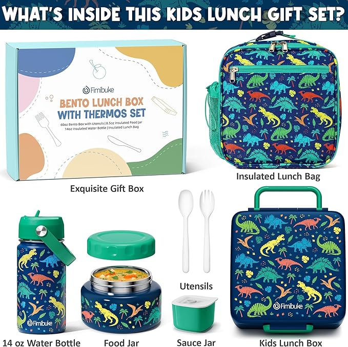 Fimibuke Bento Box for Kids Adult - Leakproof 3-4 Compartments Lunch Bento Box Set with Insulated Thermos Food Jar, Water Bottle, Lunch Bag, Sauce Cup & Cutlery for Toddler Girl Boy Age 3+
