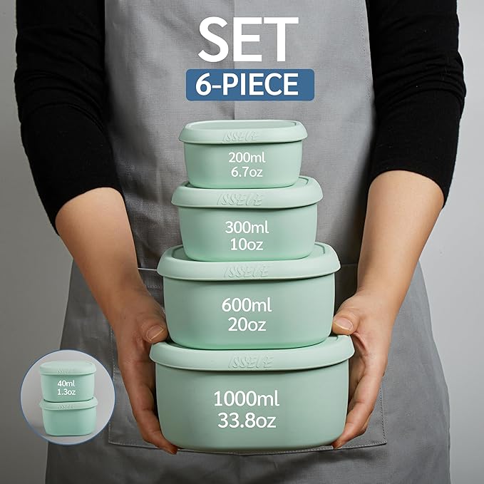 ISSEVE 6Pcs/Set Nesting Silicone Food Storage Containers with Lids, BPA Free Reusable Meal Prep Silicone Containers Lunch Box Bento Box Set (33.8oz, 20oz, 10oz, 6.7oz, 1.3oz) (Green)