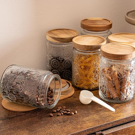 Glass Storage Jars 6 Pack 700ml(24oz) Multipurpose Vintage Storage Bottle with Wooden Lid Seal for Coffee, Nuts, Candies, Cereal, Cookies, Spices, Flour, and More. (6 Pack-700ml-Style A)