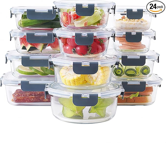 elabo 24-Piece Glass Food Storage Containers Set with Lids - Airtight Leak Proof Glass Meal Prep Containers, BPA Free Bento Lunch Boxes, Freezer/Oven/Dishwasher Safe(12 Lids & 12 Containers)