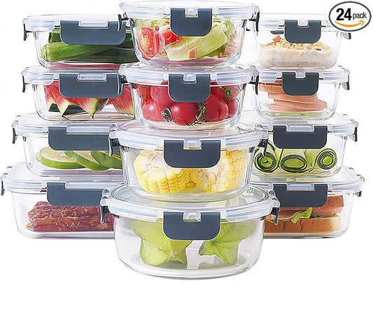 elabo 24-Piece Glass Food Storage Containers Set with Lids - Airtight Leak Proof Glass Meal Prep Containers, BPA Free Bento Lunch Boxes, Freezer/Oven/Dishwasher Safe(12 Lids & 12 Containers)