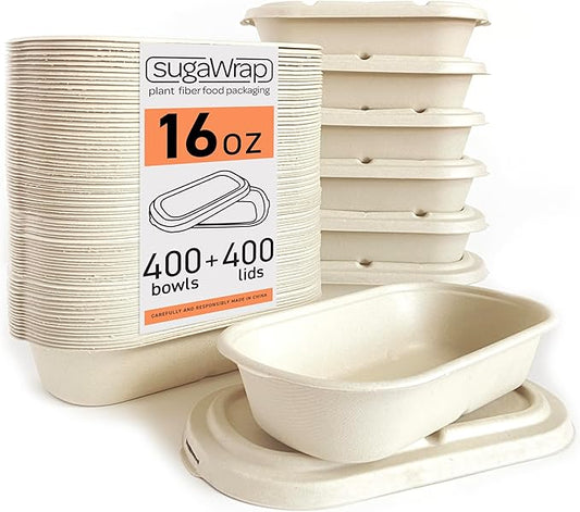 Disposable 16oz Oval Food Containers with Lids Eco-Friendly Biodegradable Bamboo & Sugarcane, Sturdy & Leak Resistant, Freezer & Microwave Safe for Hot & Cold [400 Bowls + 400 Lids]