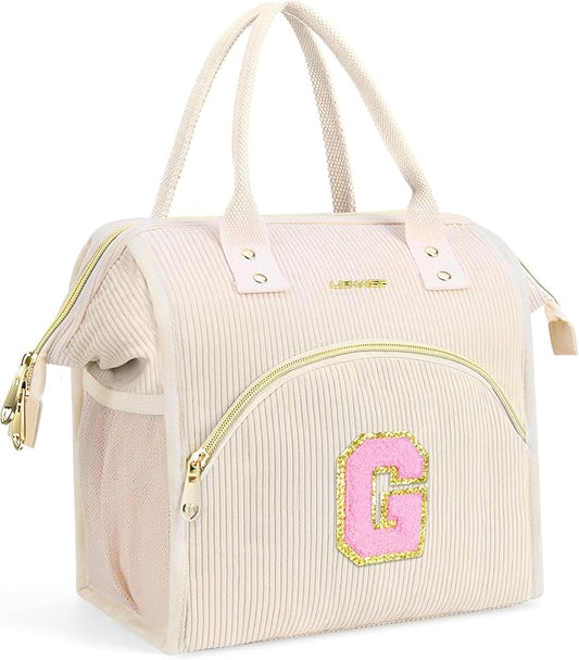Personalized Initials Lunch Box for Women& Men, Preppy Reusable 10 L Insulated Lunch Bag, Leakproof Large Gdults lunch tote Cooler Bags Insulated for Beach,Travel,Work, Picnic-Birthday Gifts（Beige G）