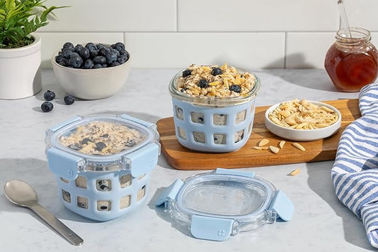 Ello Duraglass 2-Pack 2 Cup Reusable Glass Container Jar with Leak Proof Lids and Protective Silicone Sleeves | Perfect for Overnight Oats, Snacks, Yogurt | BPA-Free | Dishwasher Safe | Halogen Blue