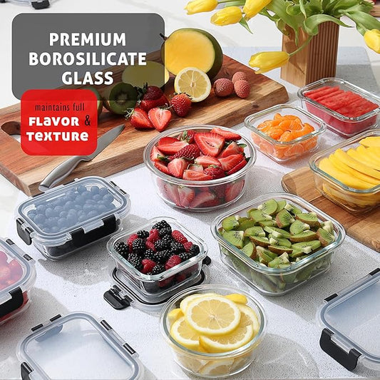 EATEX 16pc Glass Food Storage Containers with Lids, Airtight Glass Meal Prep Containers, 8 Reusable Glass Food Containers with 8 Leakproof Snap Lock Lids, Oven Microwave Freezer Safe Lunch Containers