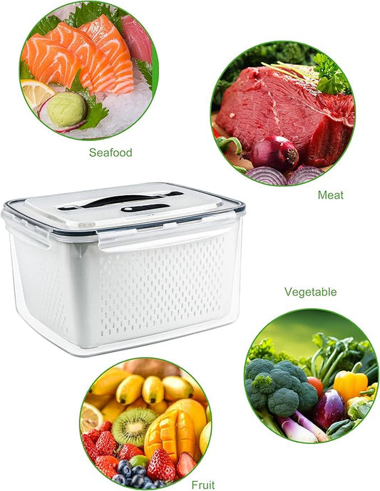 White food storage container with compartments for seafood, meat, vegetables, and fruit, surrounded by circular images of each category.