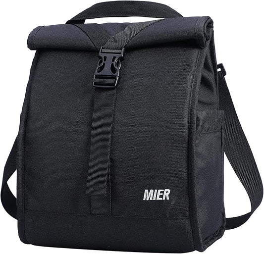MIER Insulated Lunch Bag Roll Top Lunchbox for Women Men Adults Foldable Rolltop Lunch Tote with Shoulder Strap for Work Office Picnic, Water Bottle Holder, Black