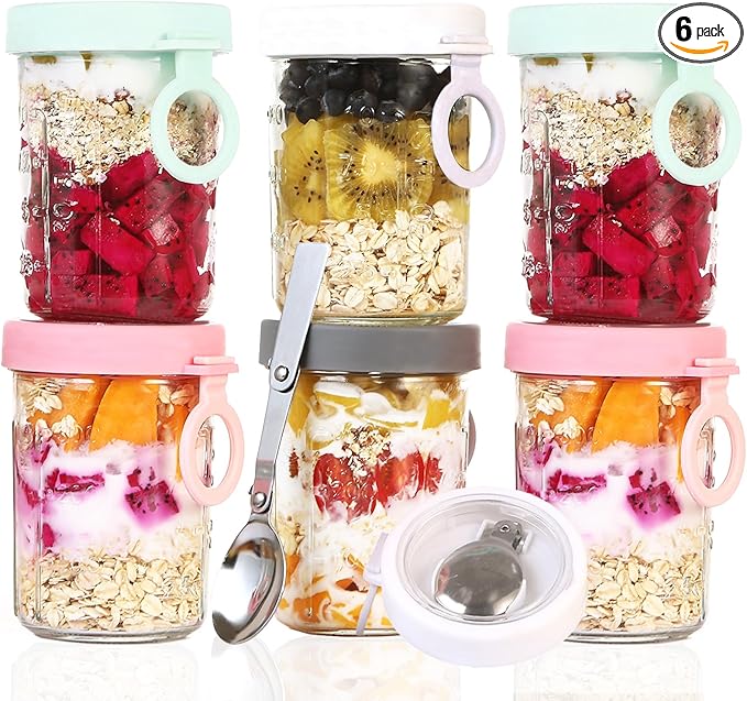Overnight Oats Containers with Lids and Spoons - Glass Cups for Yogurt, Milk, Cereal, Pudding, Parfait, Oatmeal, Juice, Airtight Glass Canisters, 12 oz Mason Jars, Set of 6