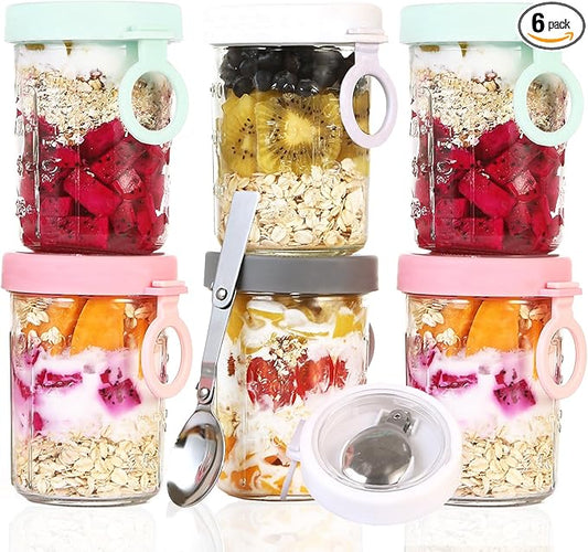 Overnight Oats Containers with Lids and Spoons - Glass Cups for Yogurt, Milk, Cereal, Pudding, Parfait, Oatmeal, Juice, Airtight Glass Canisters, 12 oz Mason Jars, Set of 6