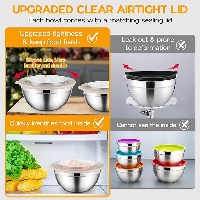 Mixing Bowl Set of 5 for Kitchen Stainless Steel Metal Nesting Mixing Bowls with Khaki Lids – Size 1.5, 2, 2.6, 3.5, 4.6QT