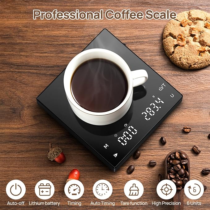 Mini Coffee Scale with Timer, 2kg/0.1g Accurate Espresso Scale, Long-Lasting Type-C Rechargeable Power, 0.59 Inches Thick for Espresso, Pour Over, Drip (Black) (1)