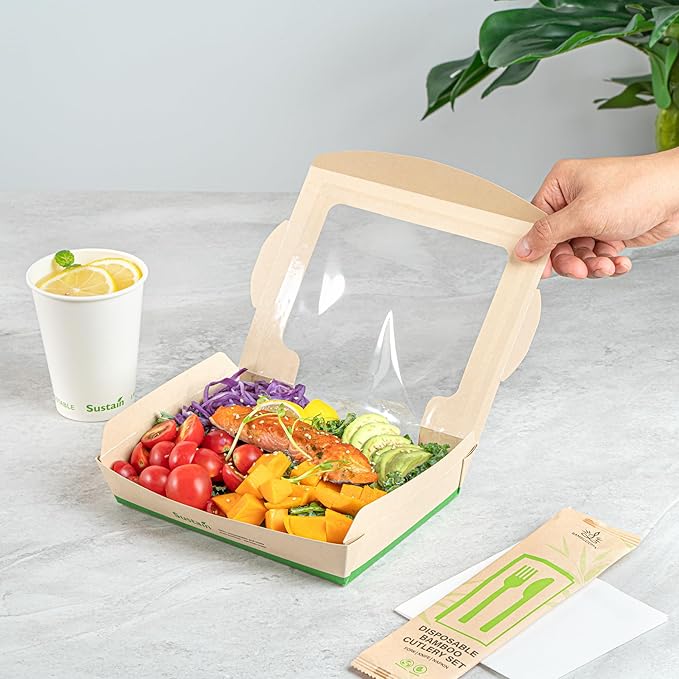 Restaurantware-Sustain 40 Ounce Sturdy Paper Take Out Boxes, 50 Disposable Take Out Food Containers - With PLA lining, Clear PLA Window, Bamboo Paper Containers, Compostable, Tab-Lock Design