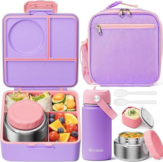 Fimibuke Bento Box for Kids Adult - Leakproof 3-4 Compartments Lunch Bento Box Set with Insulated Thermos Food Jar, Water Bottle, Lunch Bag, Sauce Cup & Cutlery for Toddler Teen Shcool Girl Boy Age 3+