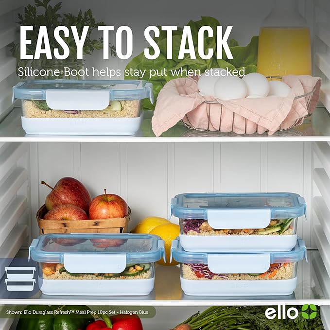 Ello Duraglass 3.4 Cup Meal Prep Sets 10Pc, 5 Pack Set- Glass Food Storage Container with Silicone Boot and Airtight BPA-Free Plastic Lids, Dishwasher, Microwave, and Freezer Safe, Halogen Blue