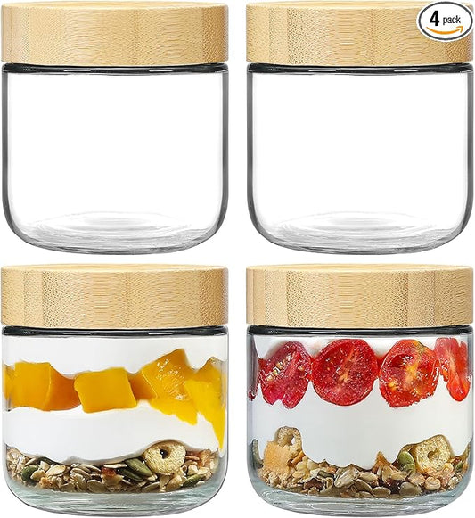 NETANY 4-pack 10oz Glass jars with Airtight Lids, Overnight Oats Containers with Bamboo Lids, Wide mouth Mason Salad jars, Glass Food Storage Containers for Snacks Yogurt Spice Sugar