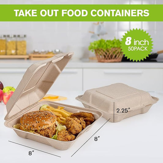 ECOLipak 50 Pack Clamshell To Go Containers, 100% Compostable Disposable Take Out Food Containers, 8X8 inch Heavy-Duty To Go Boxes, Eco-Friendly Biodegradable Take Out Containers For Food