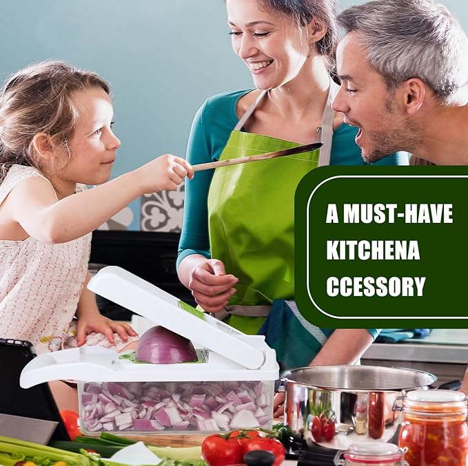 16 in 1 Vegetable Cutter and Mandolin Slicer - versatile food cutter, stainless steel blade, large container and - manual onion, garlic and salad cutter for kitchen use