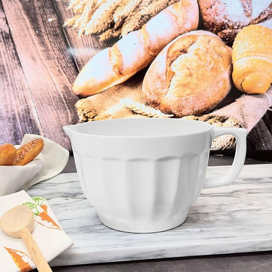UPware Latte Style Melamine Batter Bowl with Pour Spout, Handle and Non-Slip Base, Grip Handle for Easy Mix and Pour, Home Essentials Cooking and Baking Tools, 4.3 quart, 11.5 x 8.75 Inch, White