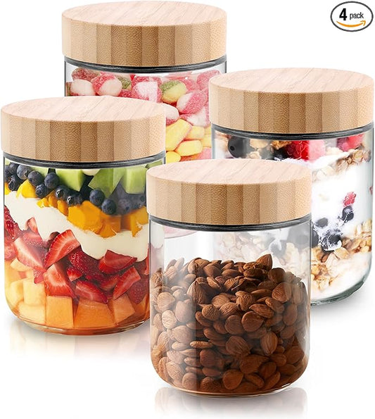 Glass jar with Bamboo lids 4 Set, 16oz overnight oats containers with lids, Glass Mason jars, Reusable Meal Prep Jars with Airtight Lids for Food Yogurt Snacks Storage