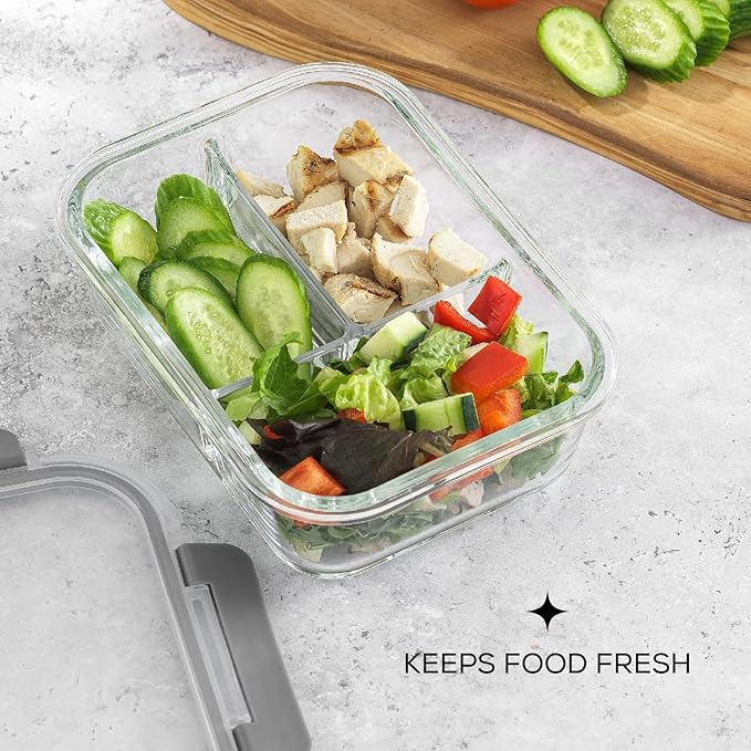 JoyJolt Divided Food Storage Containers with Lids Airtight. 5 Pack Glass Meal Prep Containers 3 Compartment Set Glass Bento Box. Reusable Food Containers, Portion Control Containers for Weight Loss