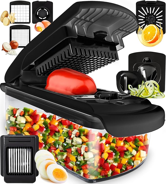 Fullstar Vegetable Chopper and Spiralizer - Food Chopper with Container, Fruit Slicer, Kitchen Gadgets & Accessories, Home Essentials (8 in 1, Black)