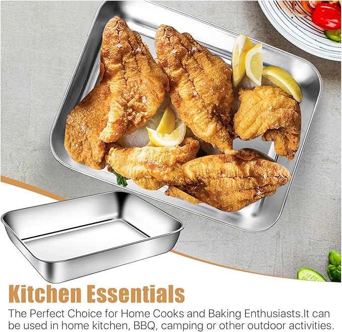3 Set Stainless Steel Breading Trays Set with Lids, Dust Proof Breading Pans with Tong for Dredging Chicken Breasts，Marinating Meat, Food Prep Trays Oven & Dishwasher Safe