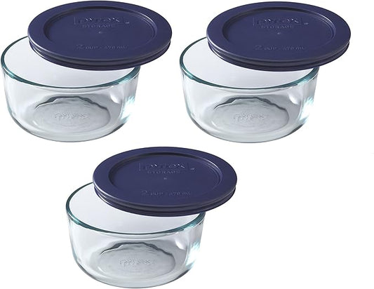 Pyrex Blue Storage Round Dish with Dark Plastic Cover, Clear (2-Cup Pack of 3)