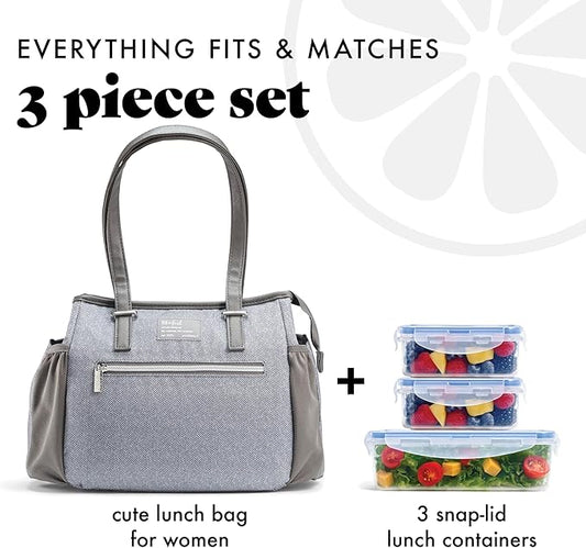 Fit & Fresh Women's Insulated Lunch Bag for Work, Large Lunch Box With 3 Snap-Lid Containers, Zipper, Stain-Resistant, Copley Kit, Gray