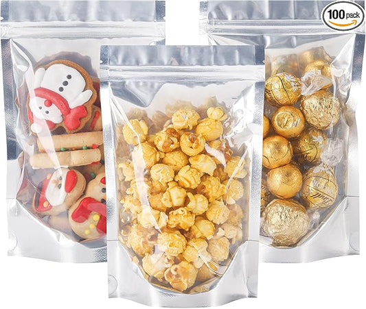 100 PACK Mylar Bags for Food Storage and Resealable for Small Business Packaging Supplies Great for Party Favor Food Storage (Silver,5x8Inches)