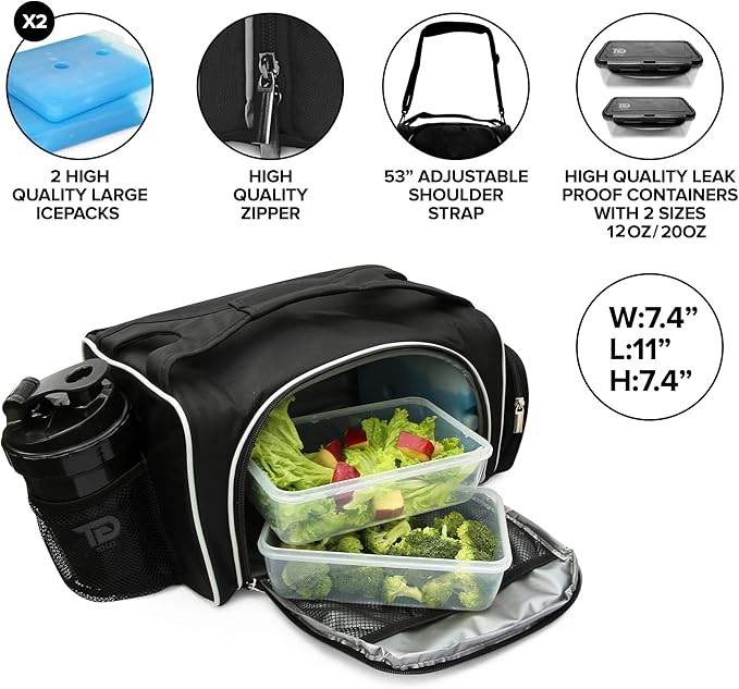Meal Prep Bag Insulated Lunch Meals Bag W/6 Portion Control Containers,2 ICE PACKS, Shaker, Pill Box,With an Adjustable shoulder. bag for meals (Black)
