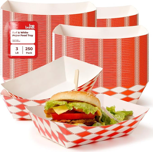Fit Meal Prep [250 Pack 3 lb Paper Food Boats Heavy Duty Disposable Food Trays, Red Check Nacho Tray for Parties Fairs Picnics Carnivals, Holds Tacos Nachos Fries Hot Dogs Grease Resistant