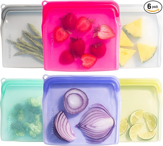 Hydra Cup Reusable Silicone Storage Bags [6 PACK] Food Storage Container, 30 ounces, Press to Lock, Stash Snacks & Meal Prep, Sandwich Size, Microwave & Dishwasher Safe