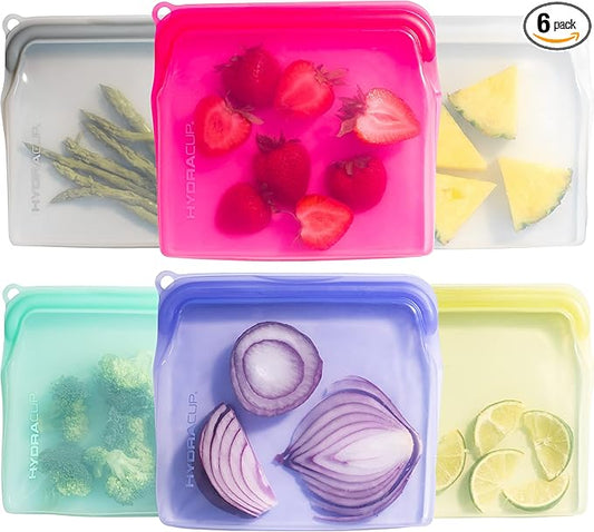 Hydra Cup Reusable Silicone Storage Bags [6 PACK] Food Storage Container, 30 ounces, Press to Lock, Stash Snacks & Meal Prep, Sandwich Size, Microwave & Dishwasher Safe