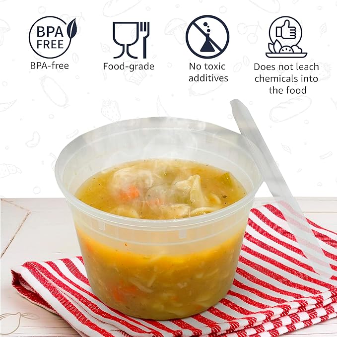 [24 Pack - 32 oz] Plastic Soup Cups Deli Food Storage Containers with Tight Lids Portion Control Non-Spill Stackable Microwaveable Freezer Dishwasher Safe