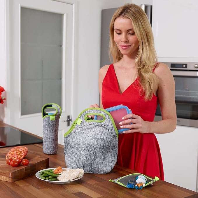 Nordic By Nature Neoprene Lunch Bag For Women, Men & Extra Thick Insulated Neoprene Lunch Tote With Water Bottle Sleeve, Durable Reusable Machine Washable, Gray/Neon