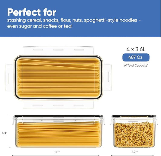 Airtight Food Storage Containers with Lids (Set of 4/3.6 Liters Each), Plastic Spaghetti Container for Pasta & Dry Food Storage, BPA Free Pantry Organizer Set with Kitchen Accessories