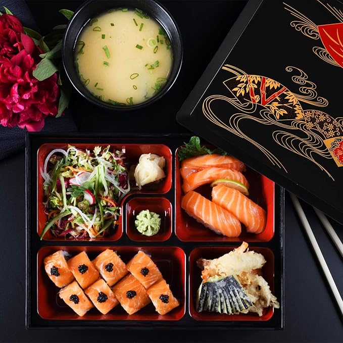 Cabilock Sushi Tray Japanese Odorless Lid Lunch Box for Meal Prep Reusable Sushi for School Office Travel Black